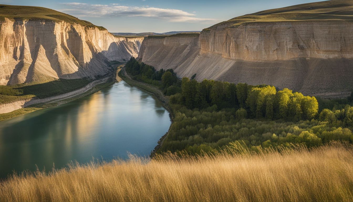 A photo of the White Cliffs of Fort Benton against the Missouri River with a bustling atmosphere.