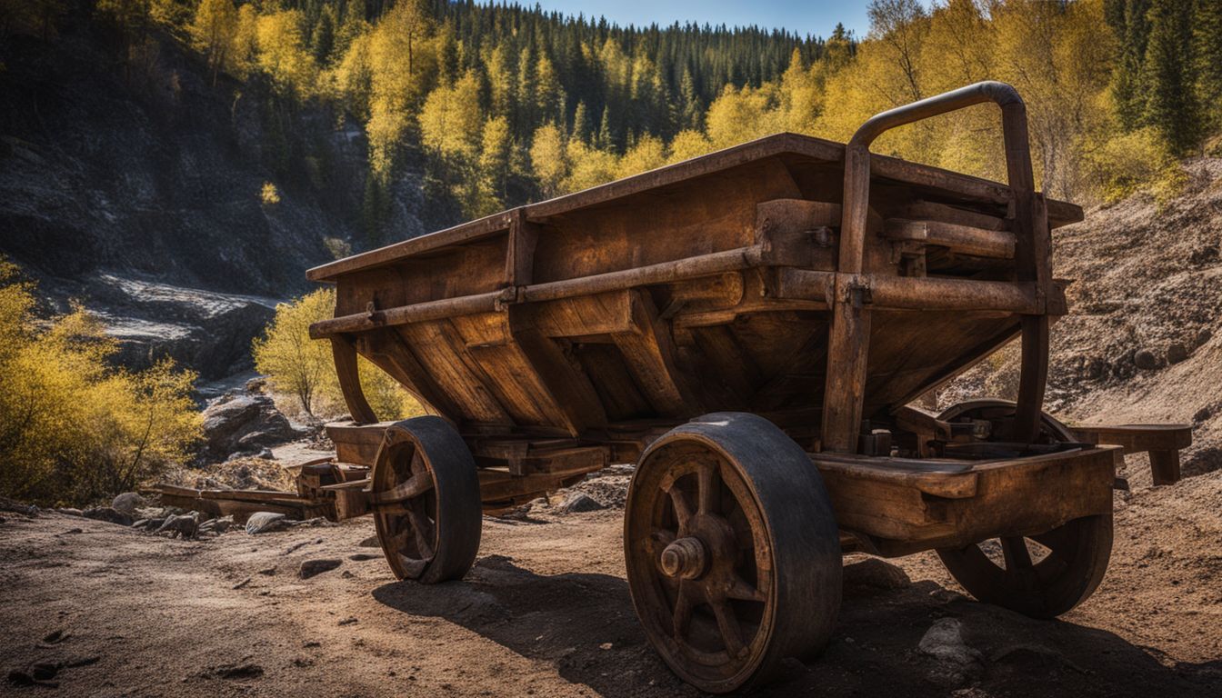 The image features an old mining cart surrounded by sapphire mines in a bustling atmosphere.