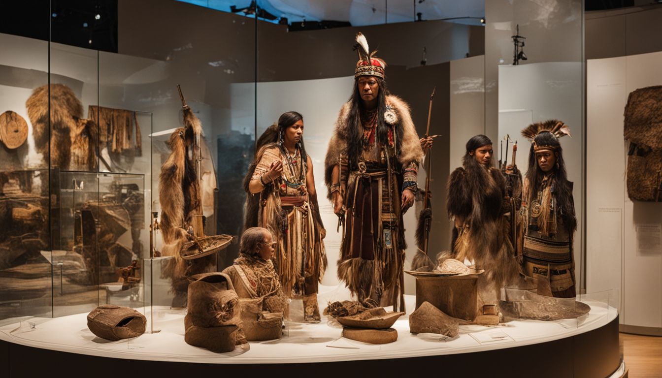 A display of Native American artifacts in a museum exhibit hall.