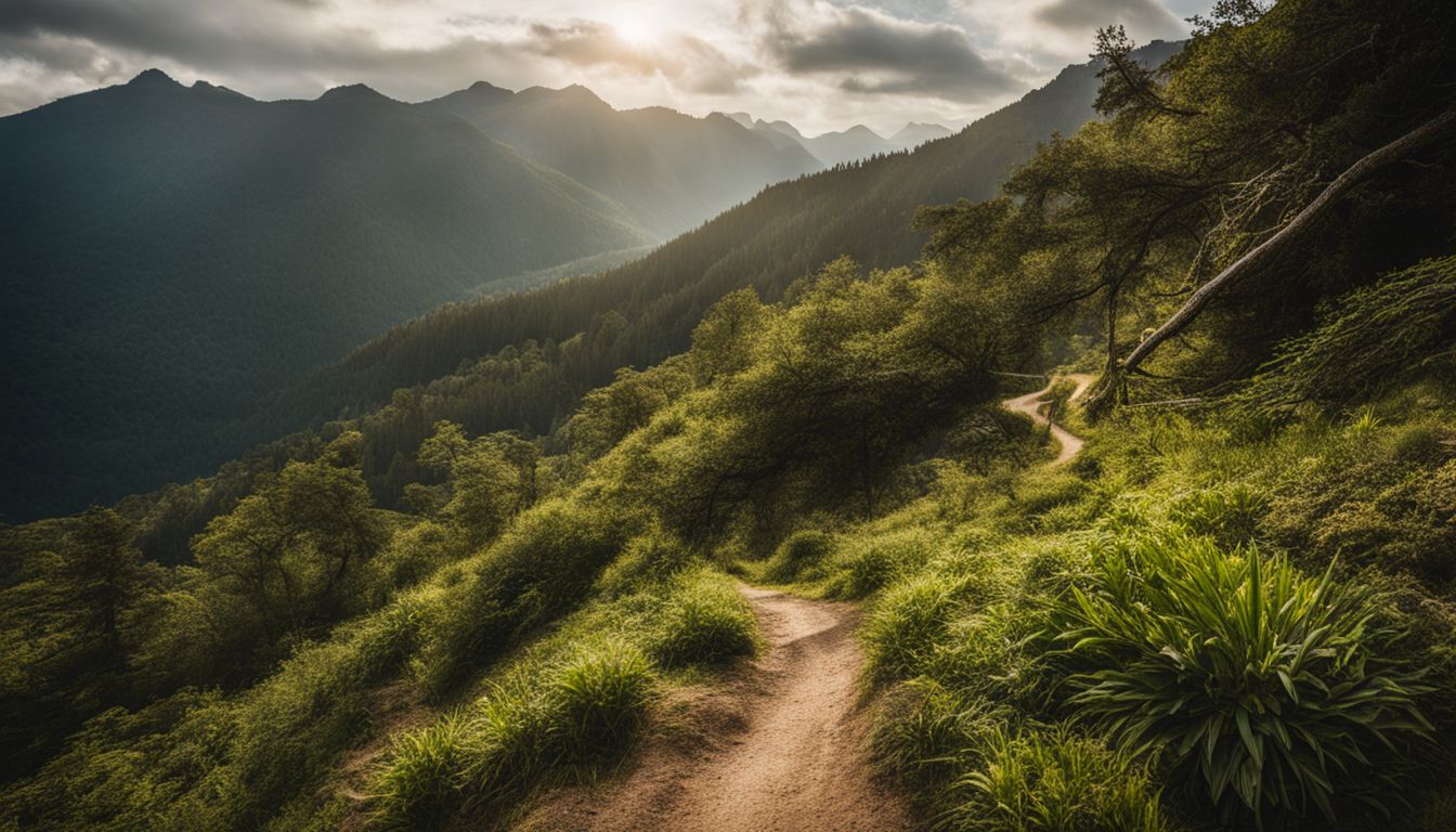 A scenic hiking trail through lush forests and mountain vistas, captured in high resolution.