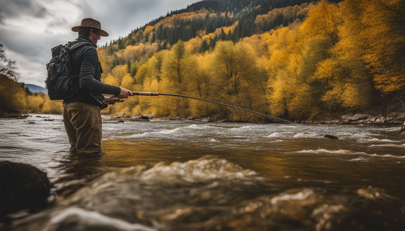 A fly fishing rod against a scenic river backdrop in a bustling atmosphere.