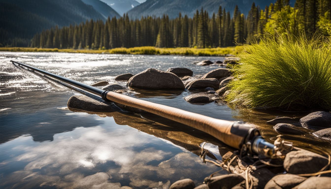 A fishing rod resting on the serene shore of the Madison River with natural beauty surrounding.