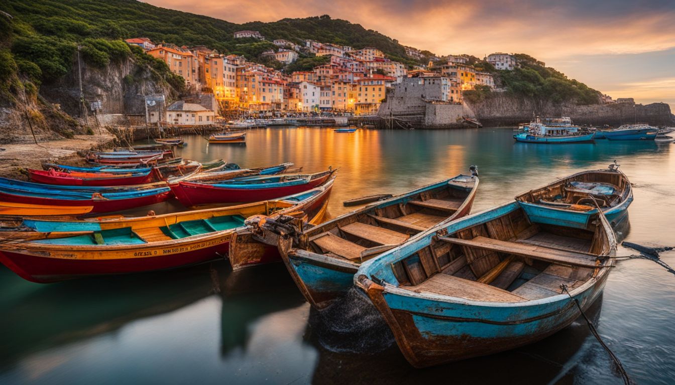 A scenic coastal village with colorful fishing boats captured in high definition.