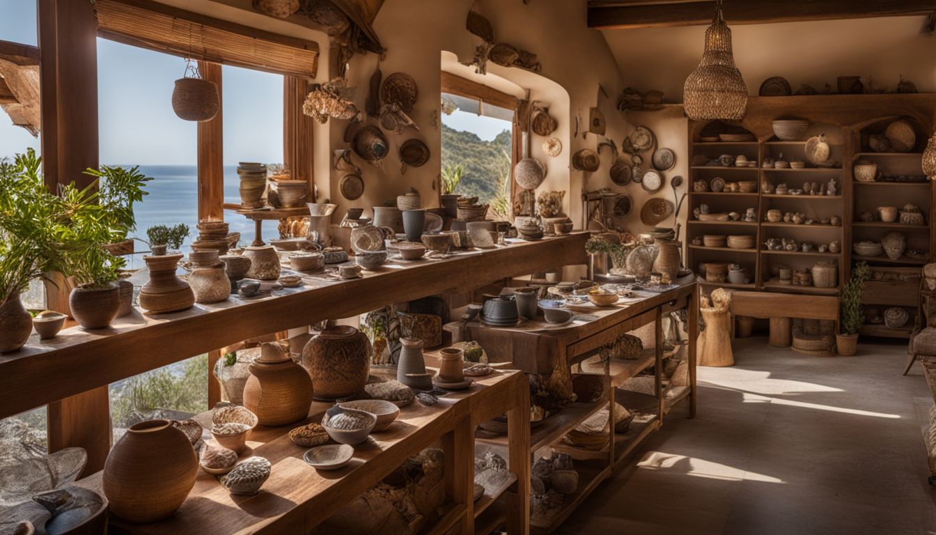 Artisan pottery and handcrafted jewelry displayed in coastal boutique surrounded by nature photography, without people.
