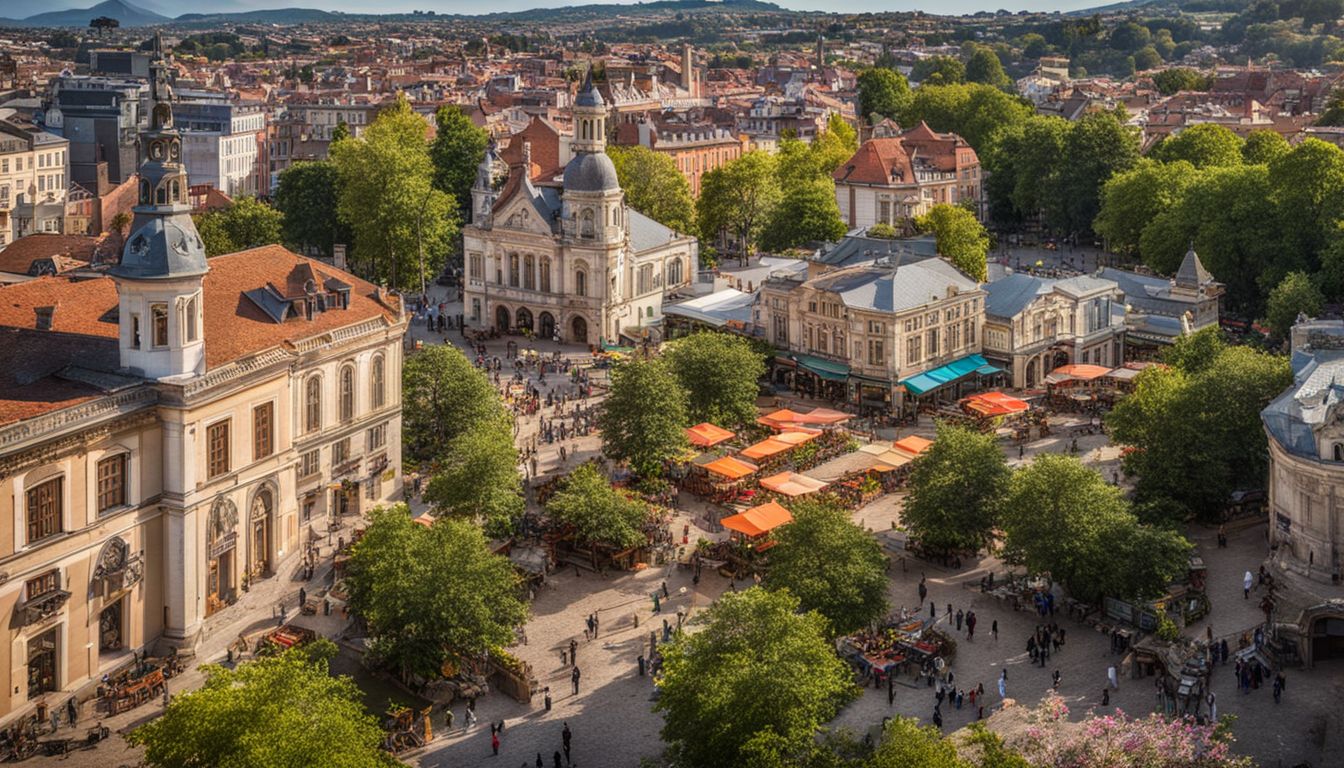 A picturesque town square with vibrant buildings and a lively farmers market captured in high-quality photography.