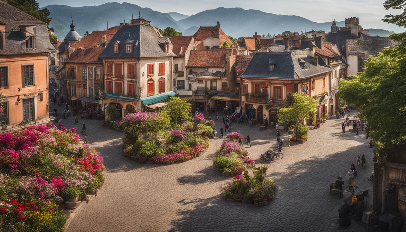 A lively town square with vibrant old buildings and blooming gardens.