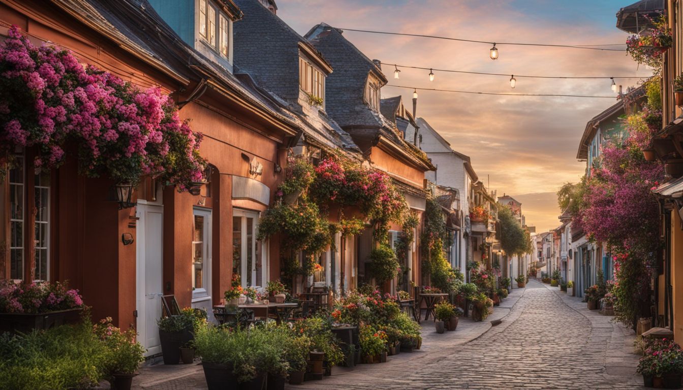 A charming small town street filled with colorful buildings, blooming flowers, and a bustling atmosphere.
