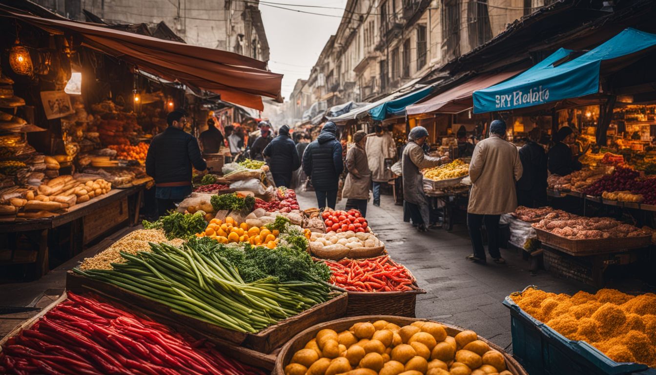 A vibrant and bustling food market with colorful street vendors in a cityscape setting.