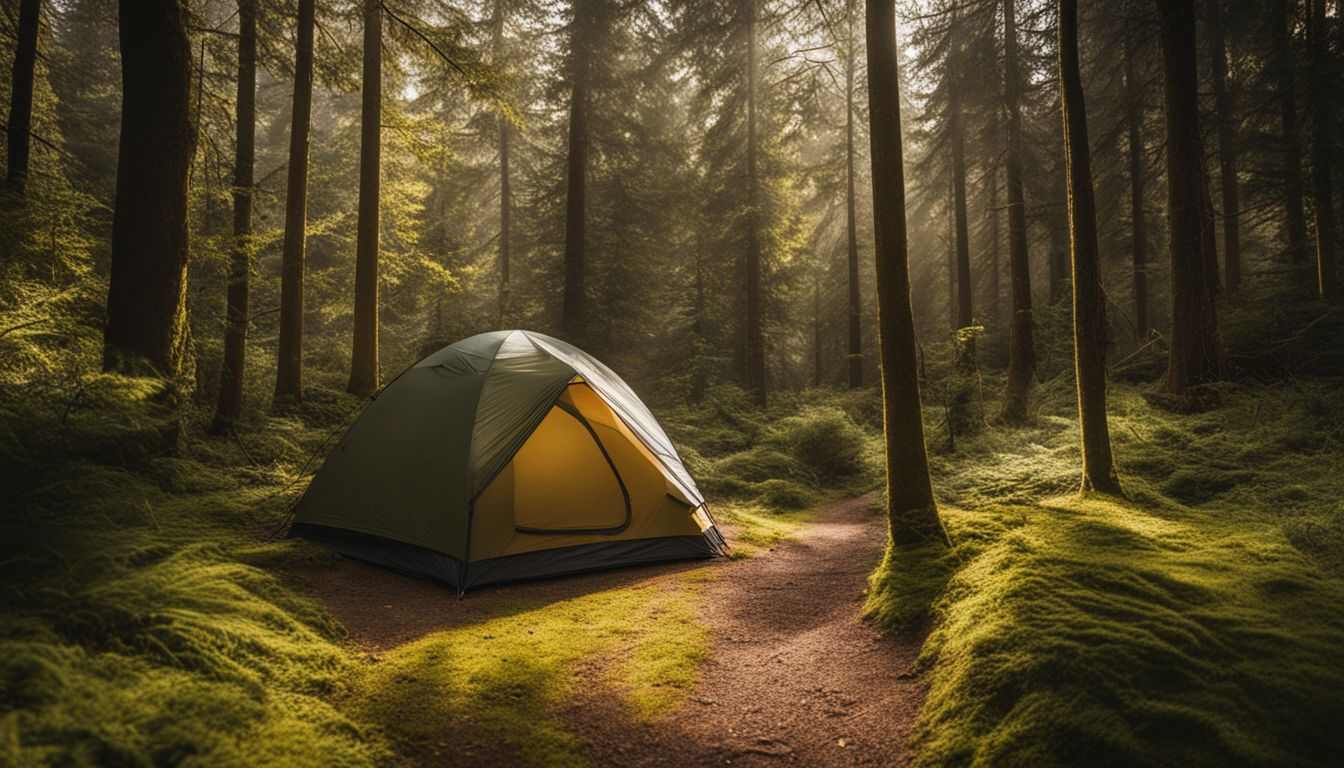 A camping tent in a serene forest clearing, without any human presence.