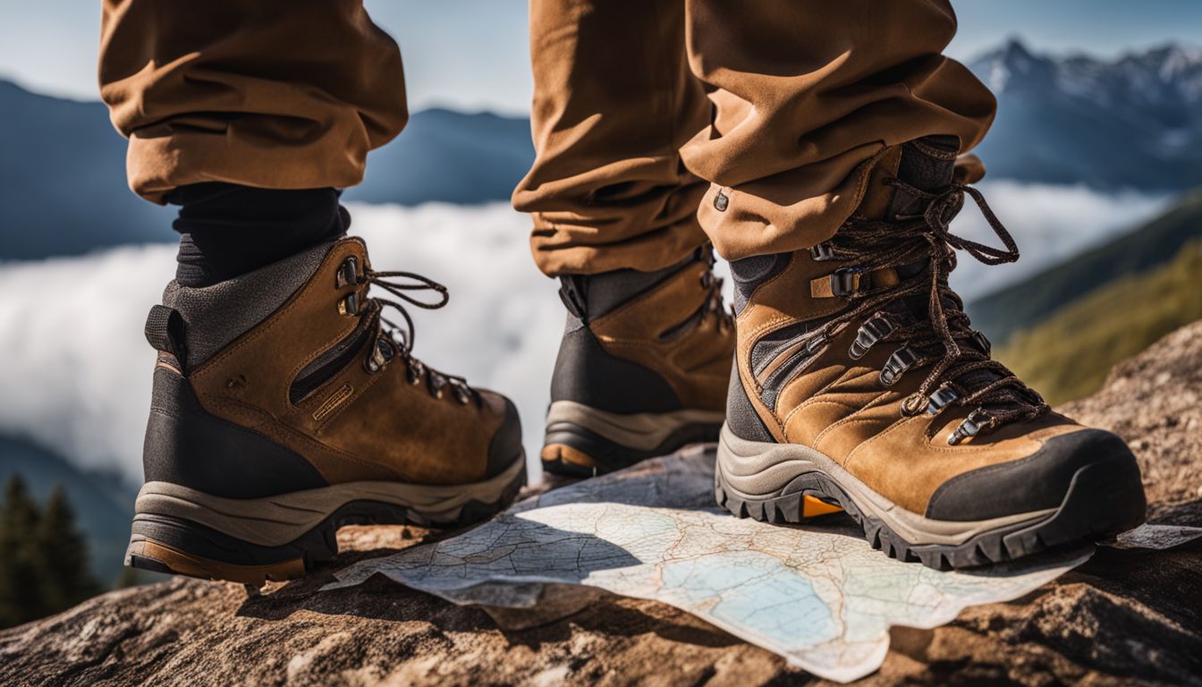 Things to Do in Harrison Nebraska - A pair of hiking boots and a trail map on a rugged mountain trail.