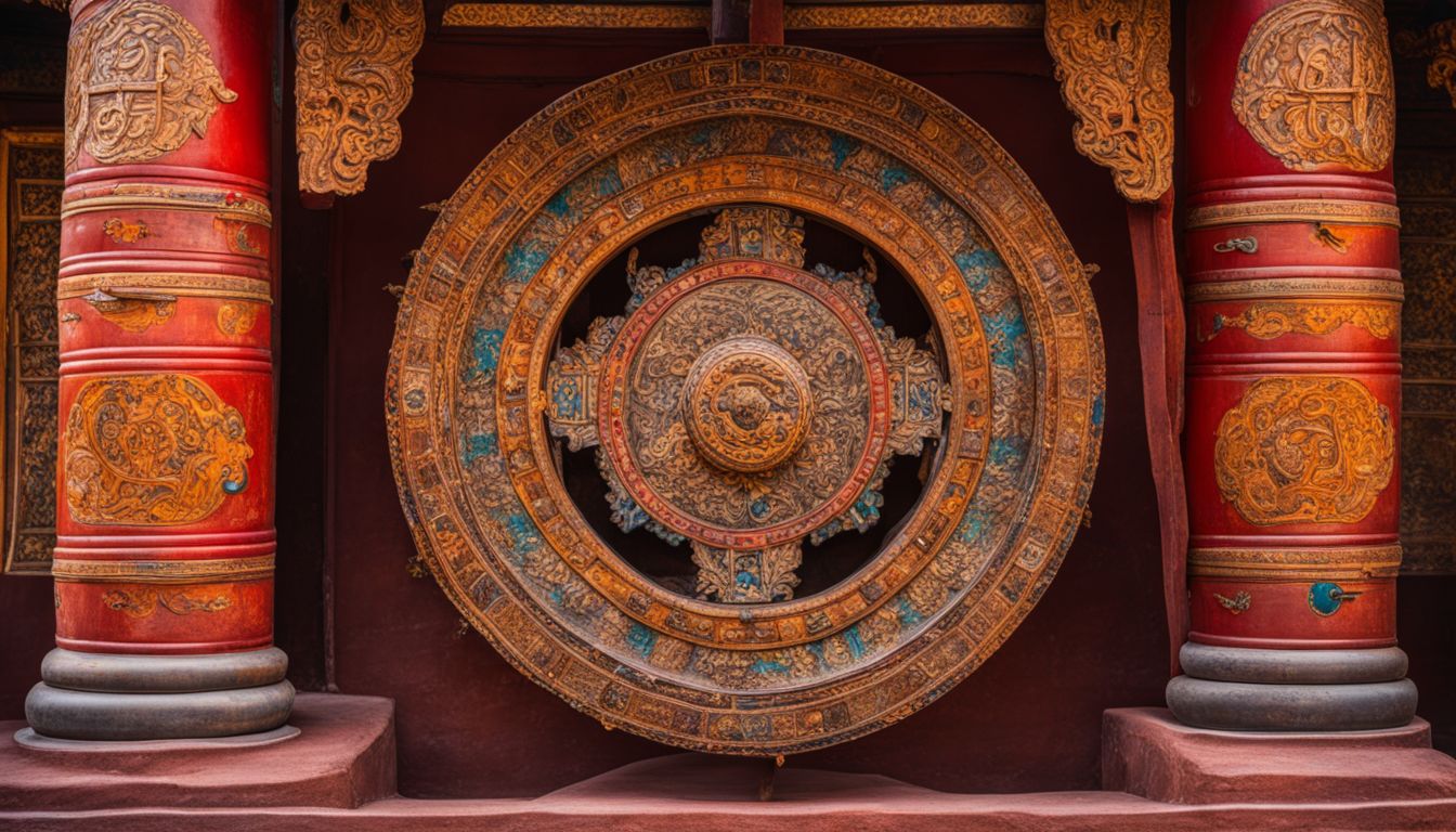 An intricate traditional Tibetan prayer wheel in a monastery setting.