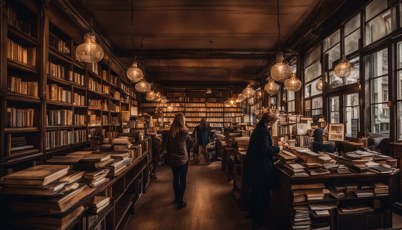 A vintage bookstore with rare books and a bustling atmosphere.