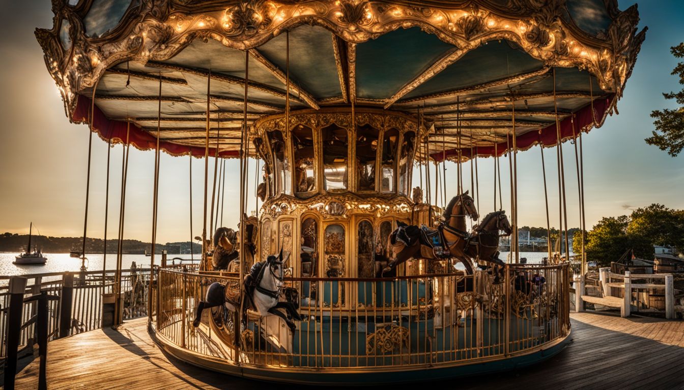 A photo of an antique carousel against a backdrop of the Greenport Harbor.