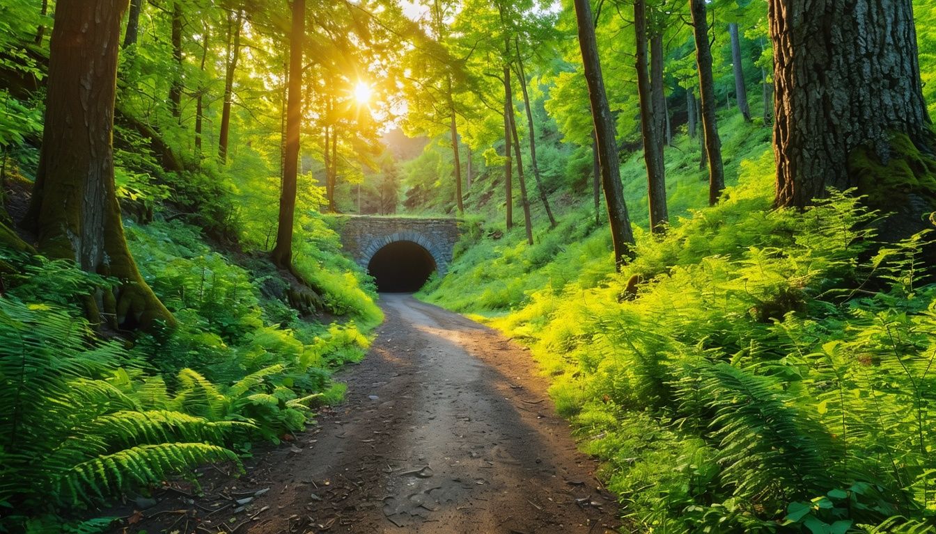 A picturesque photo of the Mosier Twin Tunnels trail in Oregon's lush forest.