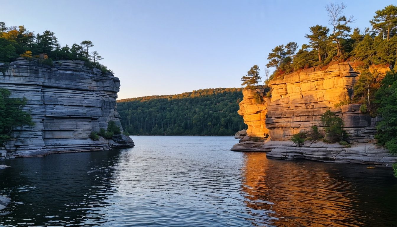 Things To Do In Taylors Falls MN - A photo of majestic rock formations at Interstate State Park at sunset, showcasing natural beauty.