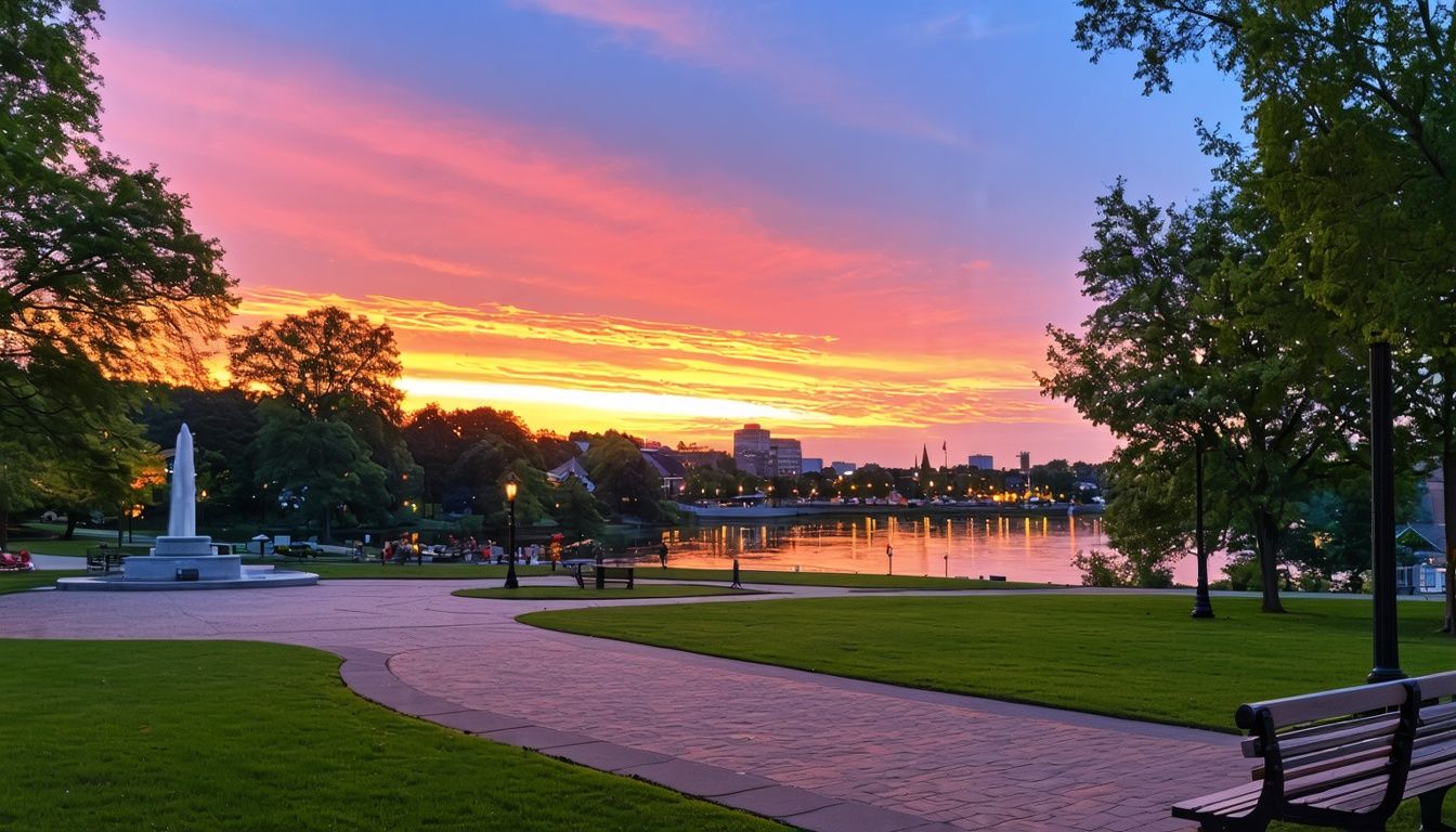 Things to do in Dixon IL - A serene sunset view of Dixon Riverfront Plaza with Veterans Memorial Park and Lowell Park.