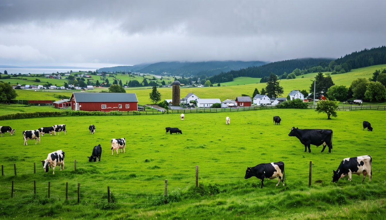 Things To Do In Tillamook Oregon - A rustic small town scene in Tillamook: a charming dairy farm with cows grazing in green pastures under cloudy skies, surrounded by rolling hills and a distant view of the Oregon Coast.