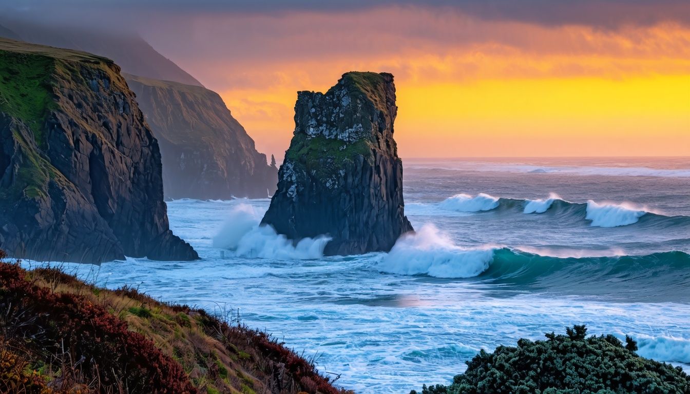 Things To Do In Oceanside Oregon - A towering sea stack along the rugged Oregon coast, surrounded by crashing waves and dramatic cliffs at sunset.