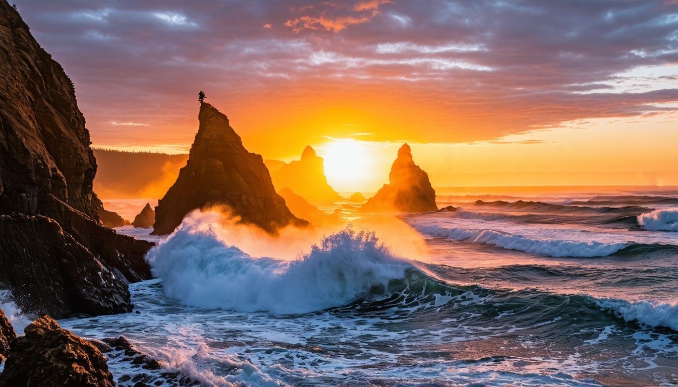 Things To Do In Pacific City Oregon - A stunning sunset over Cape Kiwanda with sea stacks and crashing waves in Pacific City.