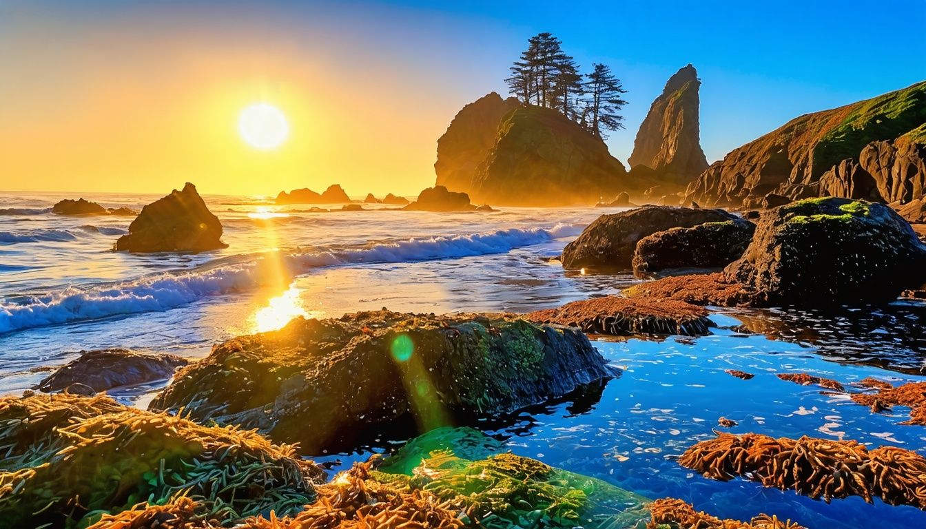 Things To Do In Brookings Oregon - A peaceful sunrise at Harris Beach State Park, Oregon, with sea stacks, waves, and tide pools.