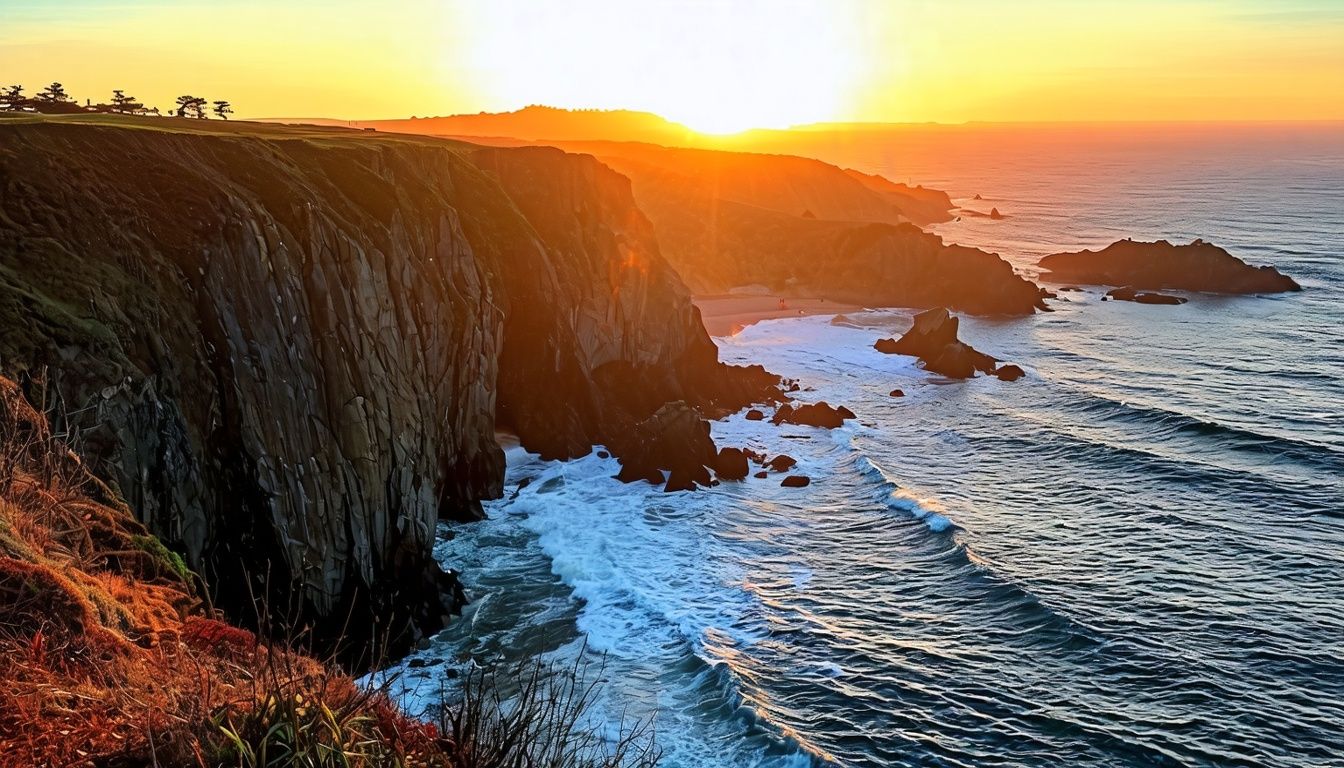 Things To Do In Port Orford Oregon - A rugged coastal cliff in Port Orford at sunset, with potential for exhilarating hikes.