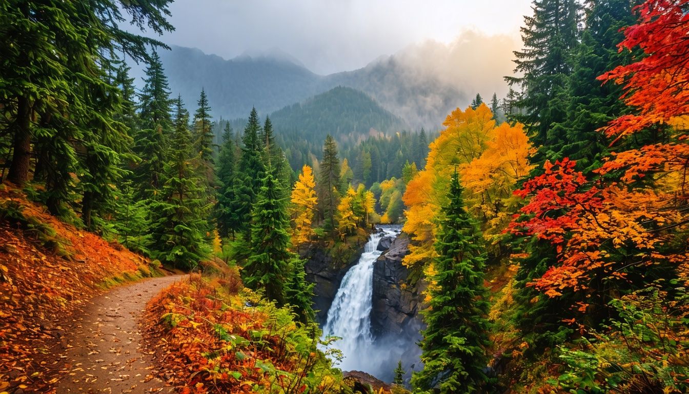 Things To Do In Hood River Oregon - A picturesque fall scene of a mountain trail in Hood River, Oregon with vibrant foliage and a rushing waterfall.