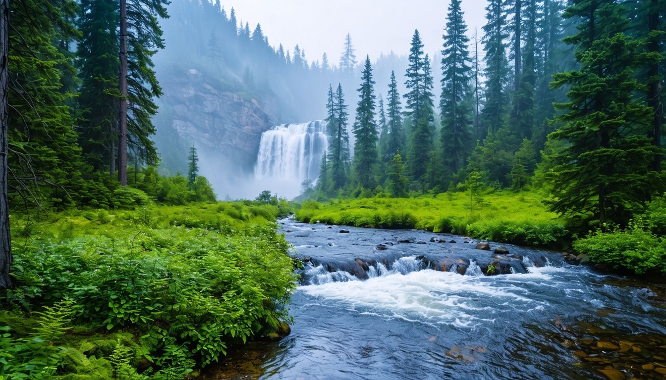 Things To Do In Jacksonville Oregon - A peaceful forest clearing with a stream, surrounded by tall pine trees and distant waterfalls.