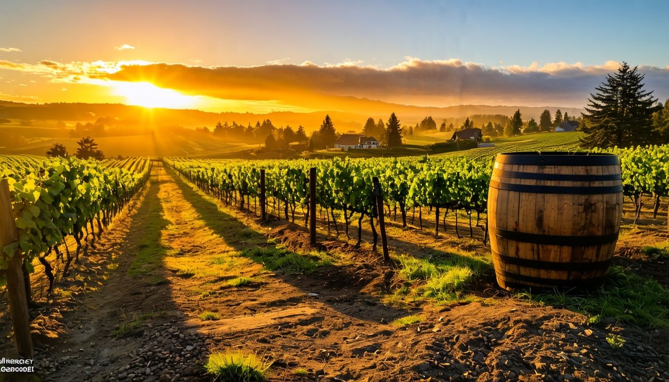 Things To Do In Dundee Oregon - A rustic wine barrel in a vineyard at sunset in Dundee, Oregon.