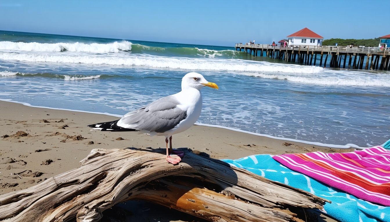 Things To Do In Rockaway Beach Oregon - A seagull perched on driftwood with waves crashing - serene day at Rockaway Beach.