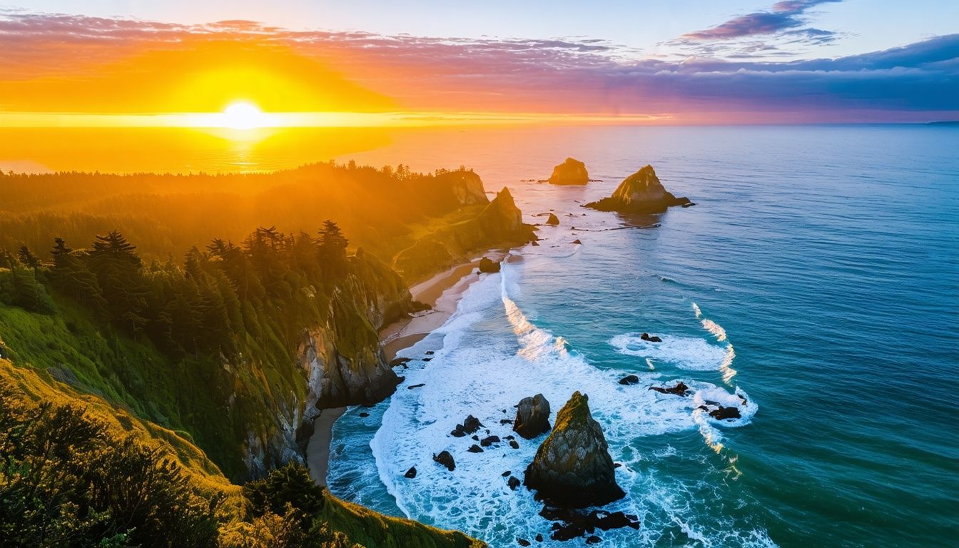 Things To Do In Coos Bay Oregon - Aerial view of Cape Arago State Park in Coos Bay, Oregon, highlighting its rugged cliffs, beaches, and tide pools.