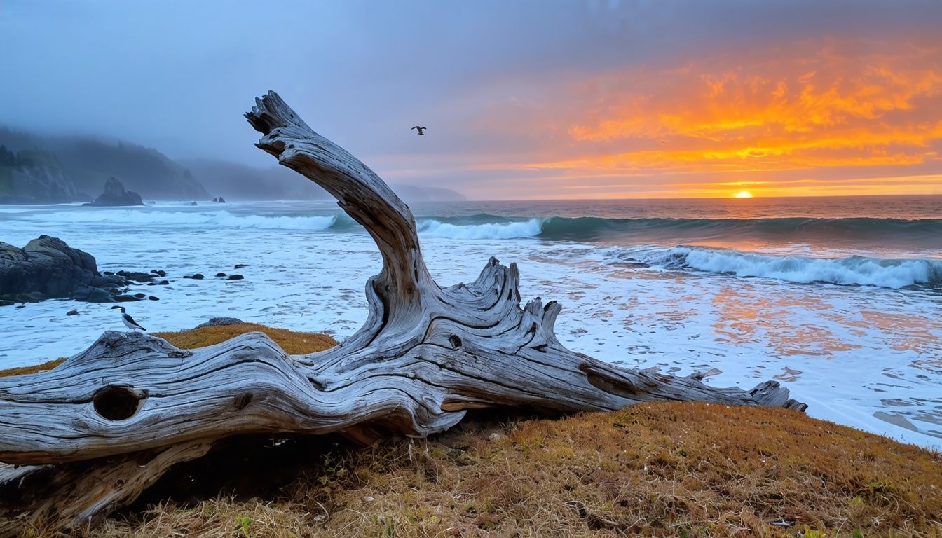 Things To Do In Seal Rock Oregon - A sun-bleached driftwood sculpture overlooks a secluded beach at Seal Rock, Oregon, with crashing waves and seabirds circling.