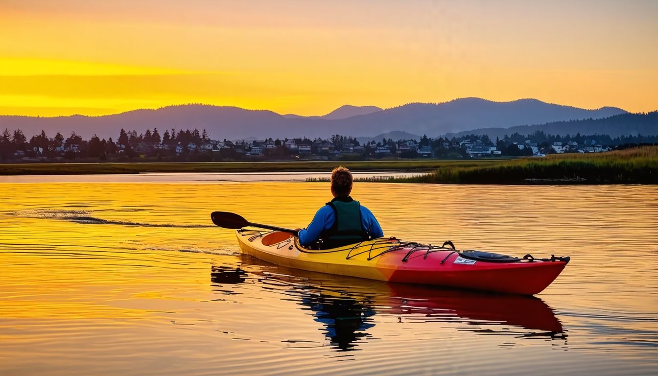 Things To Do In Waldport Oregon - A colorful kayak drifting along Alsea Bay at sunset in Waldport, Oregon, showcasing the town's recreational boating activities.