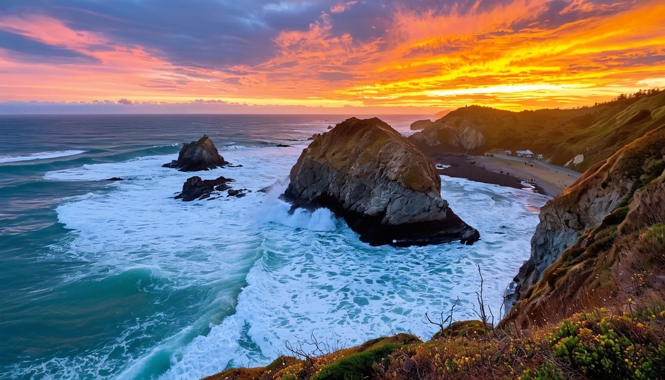 Things To Do In Gold Beach Oregon - Scenic sunset view of rugged Otter Point, Gold Beach, Oregon, with crashing waves and vivid sky.