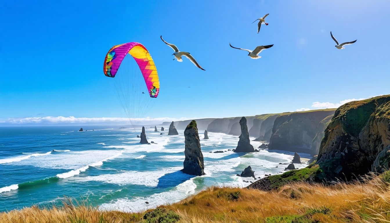 Things To Do In Bandon Oregon - A colorful kite flies high over Bandon's iconic sea stacks against a clear blue sky.