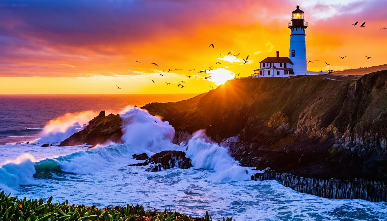 Things To Do In Newport Oregon - A stunning sunset over Yaquina Head Lighthouse with crashing waves and silhouetted seagulls.