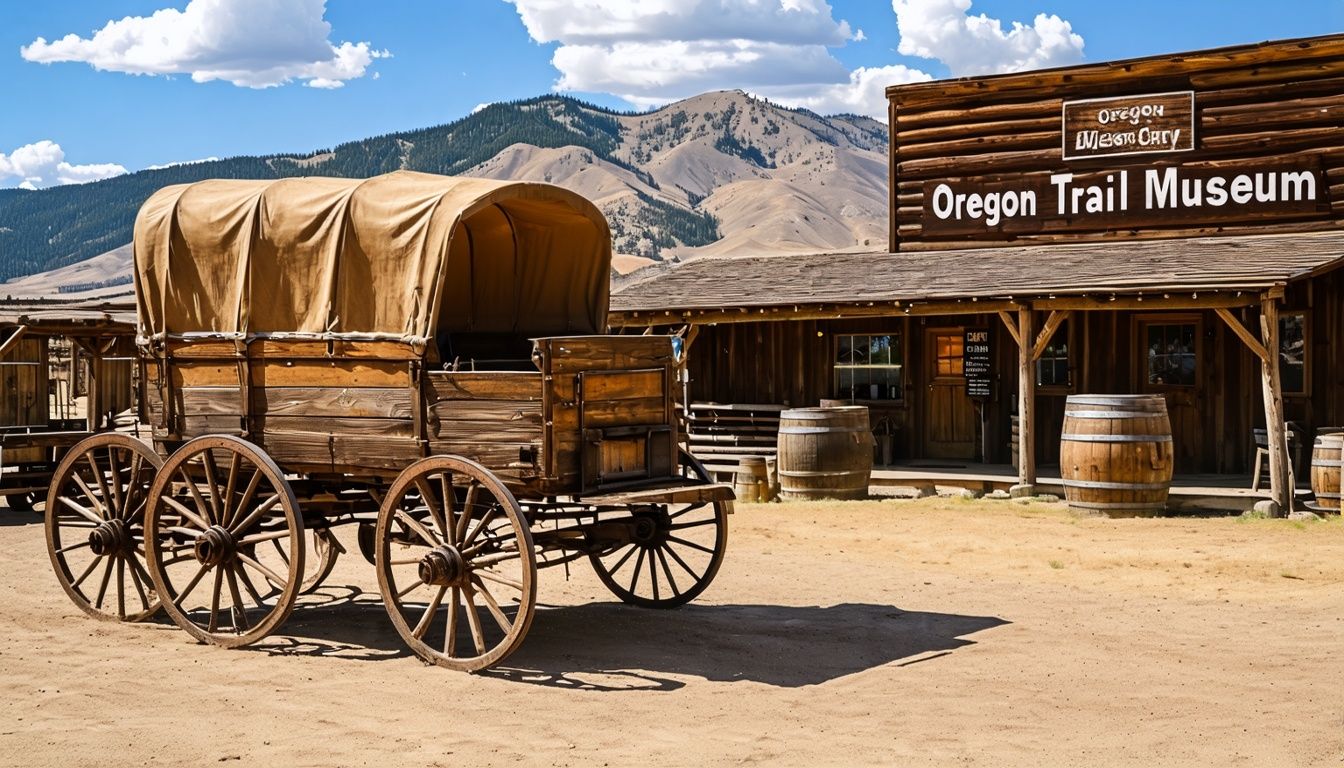 Things To Do In Baker City Oregon - An antique wooden covered wagon sits in a dusty lot at the Oregon Trail Museum.