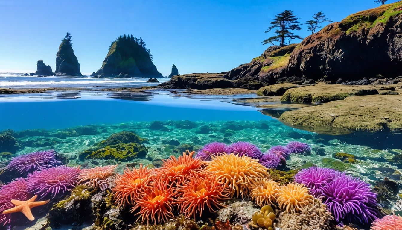 Things To Do In Cannon Beach Oregon - The image shows a vibrant tide pool with colorful sea anemones, starfish, and seaweed on Cannon Beach's rocky coastline.