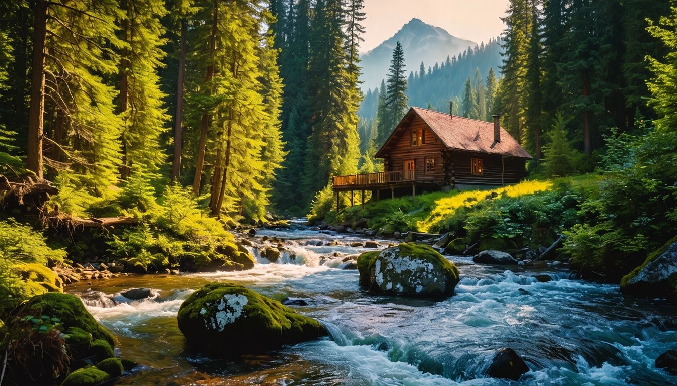 Things To Do In Joseph Oregon - A rustic wooden cabin nestled in a lush forest in Joseph, Oregon, with a serene mountain and river backdrop.