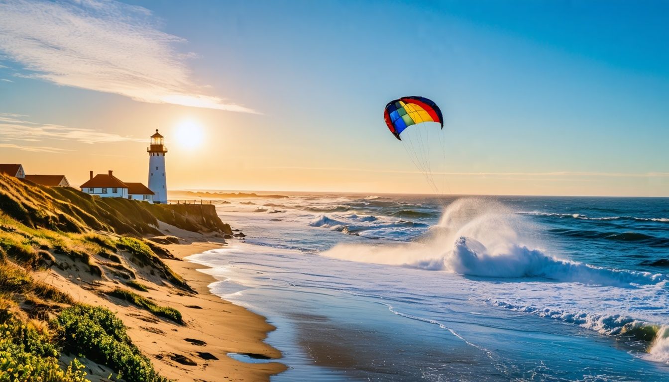 Things To Do In Seaside Oregon - A colorful kite flies high above the sandy beach, with a historic lighthouse and crashing waves in the background.