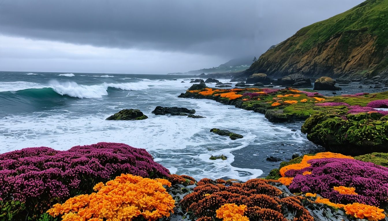 Things To Do In Yachats Oregon - A rugged coastline in Yachats, Oregon with crashing waves and colorful sea anemones.