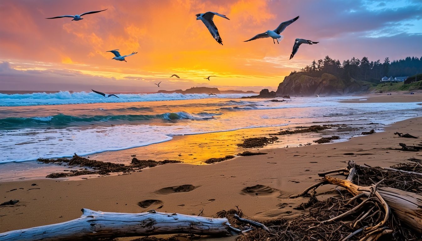 Things To Do In Reedsport Oregon - A serene beach scene in Reedsport, Oregon, with driftwood, waves, seagulls, and a colorful sunset.