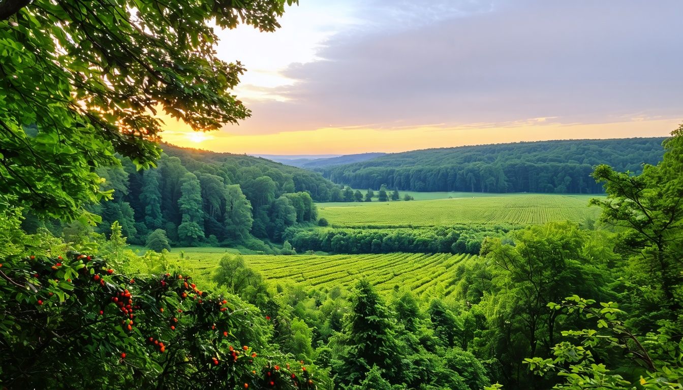 Things To Do In Northfield MN - A peaceful forest scene at Caron Falls with a vibrant berry farm in the background.