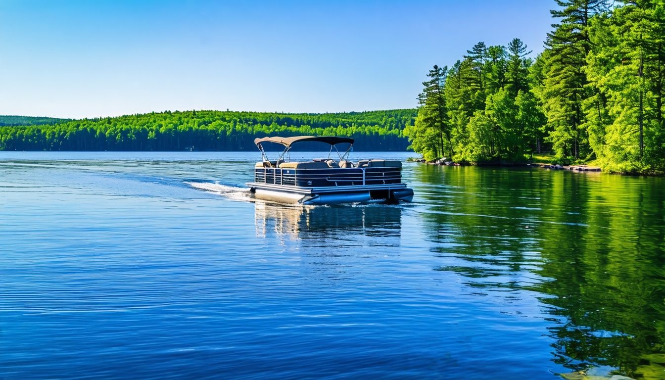 Things To Do In Nisswa MN - A pontoon boat cruises on calm Gull Lake surrounded by lush green forests and distant mountains.