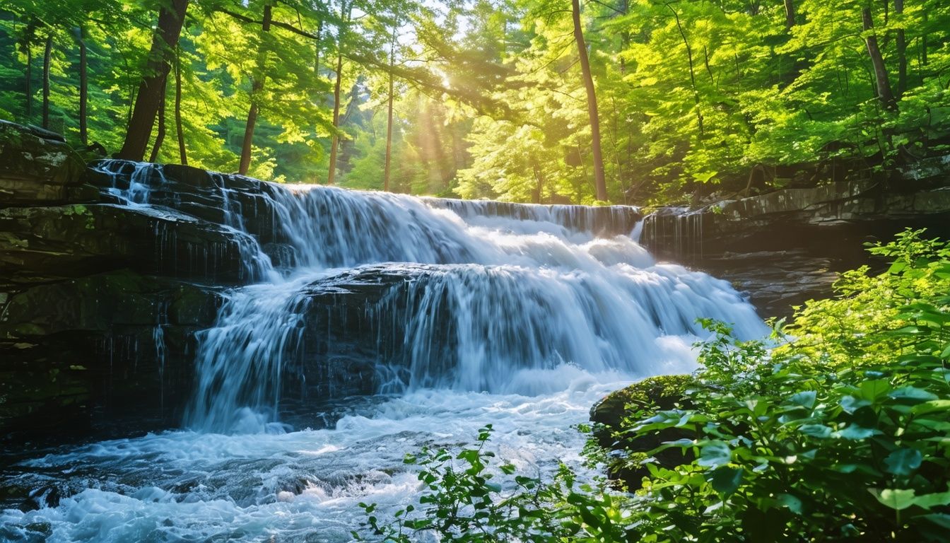 Things To Do In Grand Marais MN - A tranquil waterfall in Cascade River State Park, Grand Marais, MN, with lush greenery and towering trees.