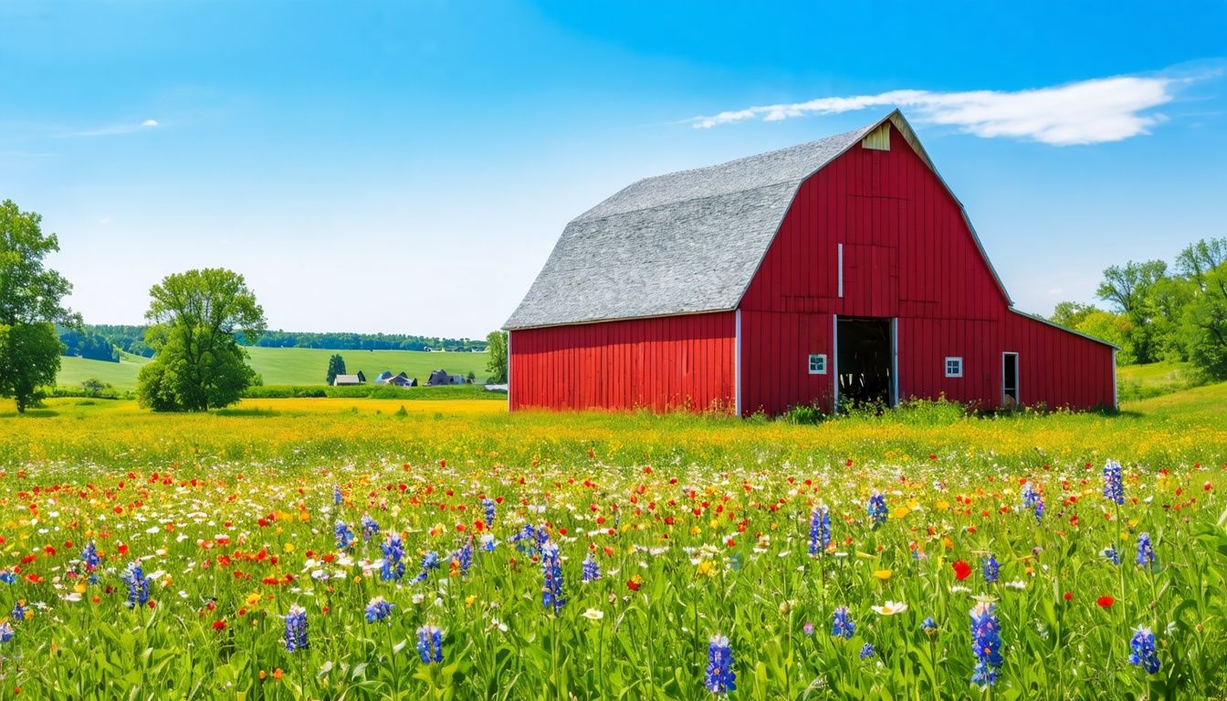 Things To Do In Chatfield MN - A vintage red barn surrounded by wildflowers, showcasing Chatfield's agricultural heritage.