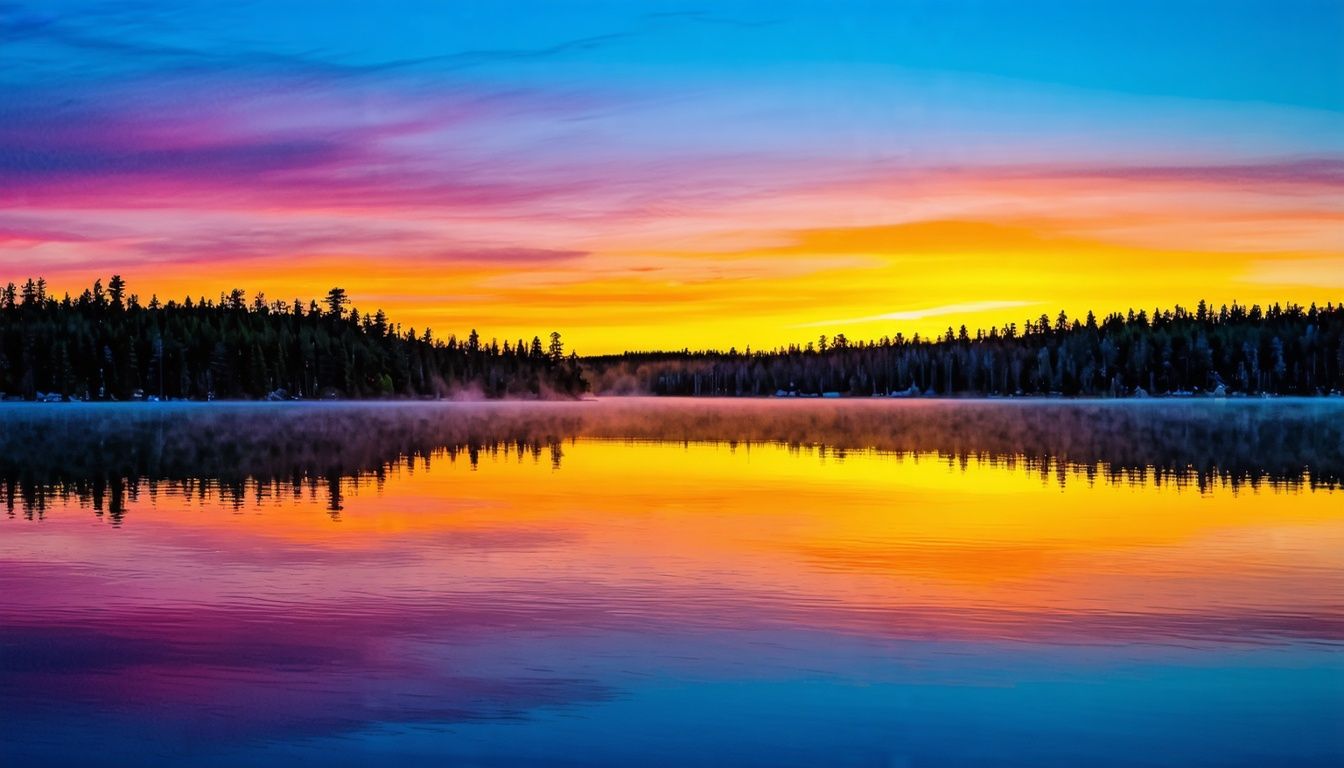 Things To Do In Walker MN - A stunning sunset scene of Leech Lake with vibrant colors and silhouetted pine trees.