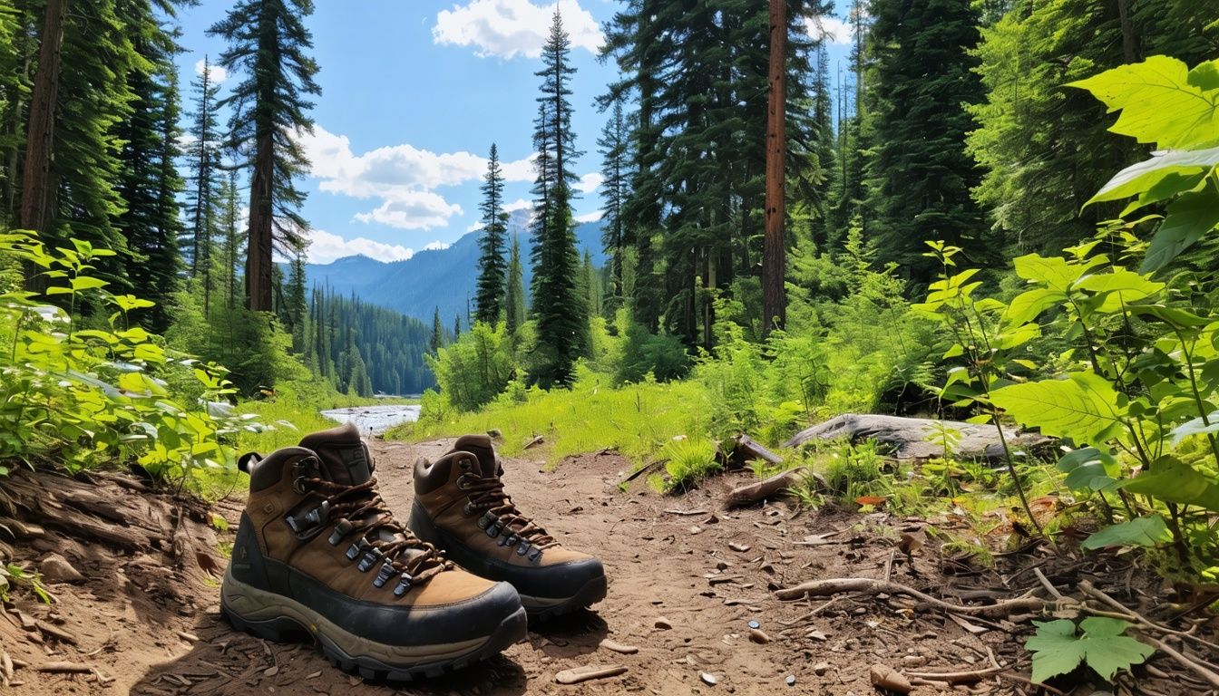 Things To Do In Red Wing MN - A pair of worn-out hiking boots on a dirt trail surrounded by tall trees and a river.