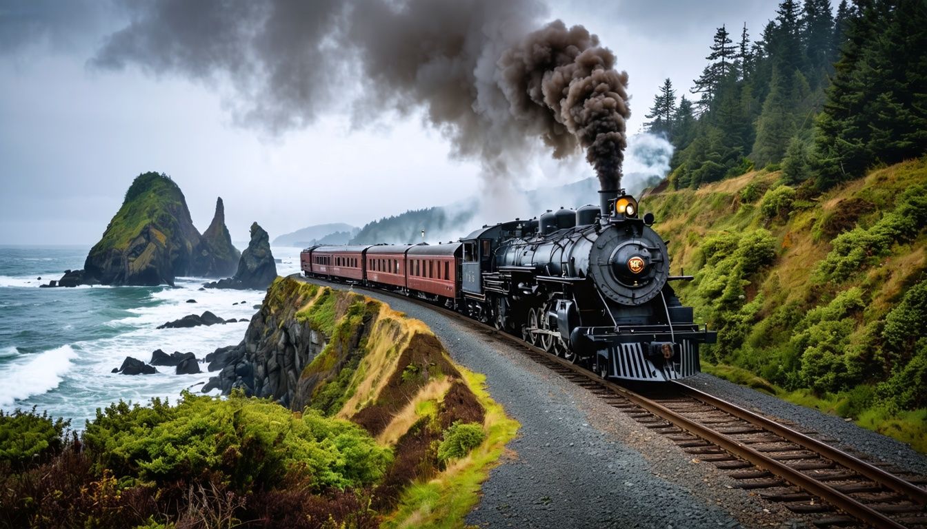 Things To Do In Garibaldi Oregon - A vintage steam locomotive travels along the scenic coastal railway tracks in Garibaldi, Oregon, with Tillamook Bay in the background.