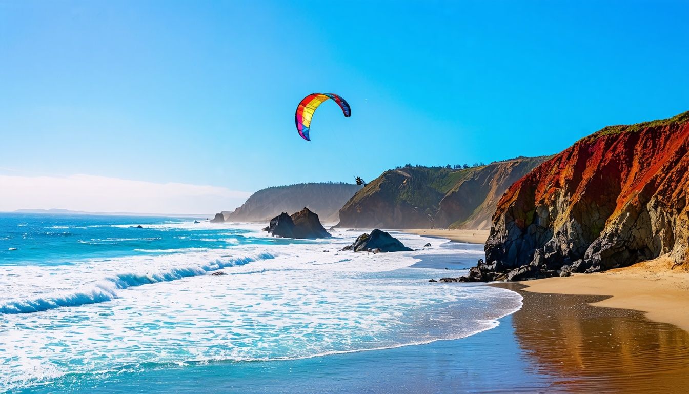 Things To Do In Manzanita Oregon - A picturesque beach scene at Manzanita with crashing waves and a colorful kite flying high.